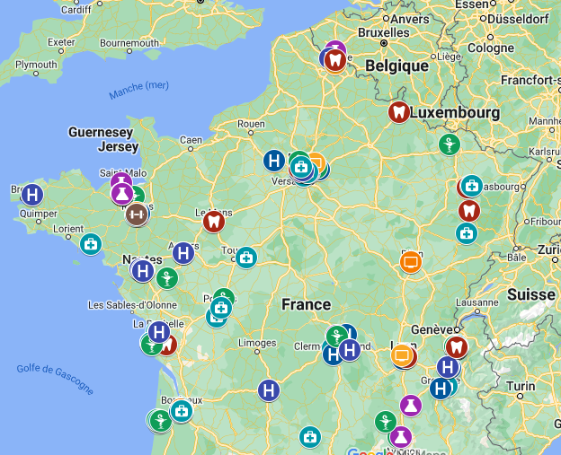 apercu de la carte collaborative des lieux de soins avec des endroits notés par des icones de couleurs
